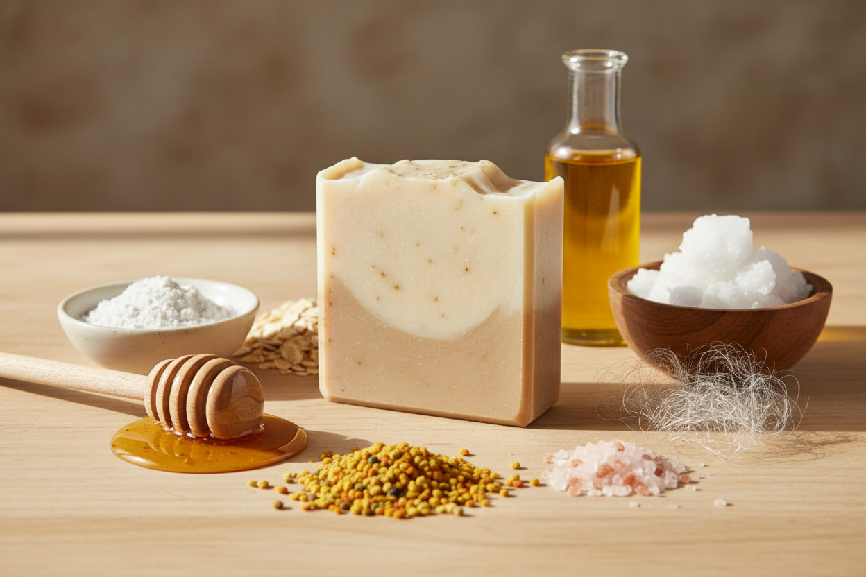 Naked Love Soap combines time-honored soap-making traditions with nourishing natural ingredients. This artisanal bar features a carefully balanced blend of olive oil, tallow, and organic coconut oil for deep moisturizing properties. Enriched with raw honey, bee pollen, and colloidal oatmeal, it gently cleanses while soothing the skin. Kaolin clay draws out impurities, while tussah silk adds a luxurious texture. Himalayan sea salt and castor oil round out this sophisticated formula, creating a bar that respe