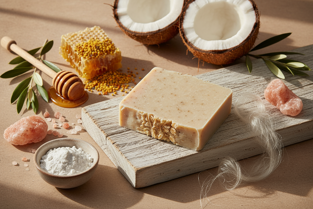 Naked Love Soap combines time-honored soap-making traditions with nourishing natural ingredients. This artisanal bar features a carefully balanced blend of olive oil, tallow, and organic coconut oil for deep moisturizing properties. Enriched with raw honey, bee pollen, and colloidal oatmeal, it gently cleanses while soothing the skin. Kaolin clay draws out impurities, while tussah silk adds a luxurious texture. Himalayan sea salt and castor oil round out this sophisticated formula, creating a bar that respe